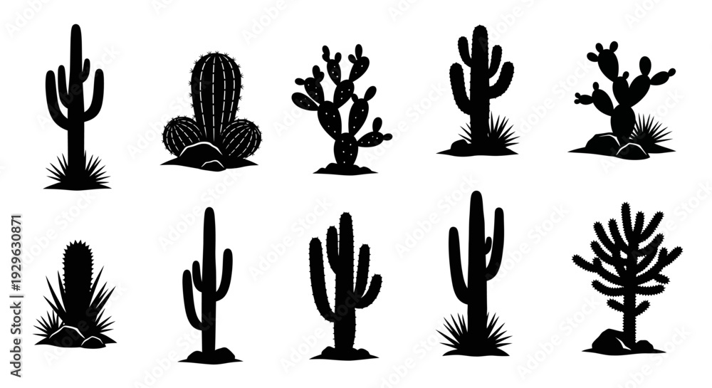 Fototapeta premium Set of 10 Black Cactus Silhouettes Vector