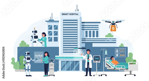 Smart Hospital concept with AI, robotics, drone delivery, and advanced medical technology