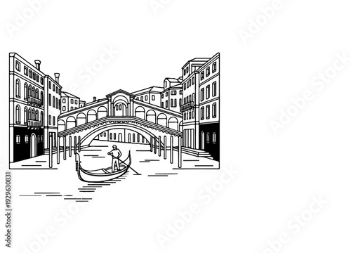 A gondolier navigates a canal under a grand stone bridge lined with buildings