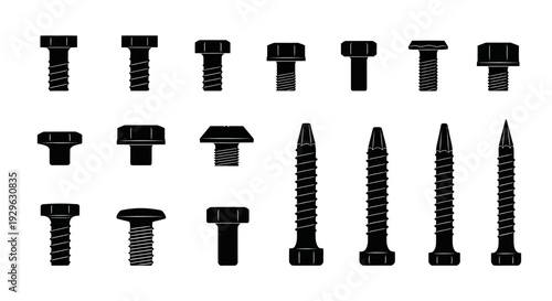 Set of 20 Black Bolts and Screws Vector