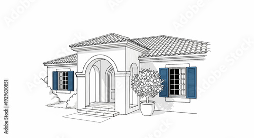 A charming Mediterranean-style house with tiled roof, arched entryway, and blue shutters