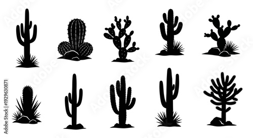 Set of 10 Black Cactus Silhouettes Vector