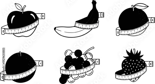 Six different fruits, each with a measuring tape wrapped around it