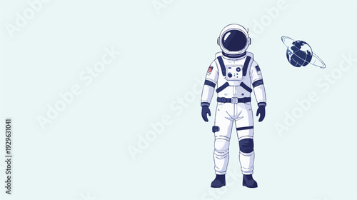 Modern astronaut in detailed white spacesuit standing in space with planet Earth illustration, futuristic space exploration concept, cosmic adventure vector art design.