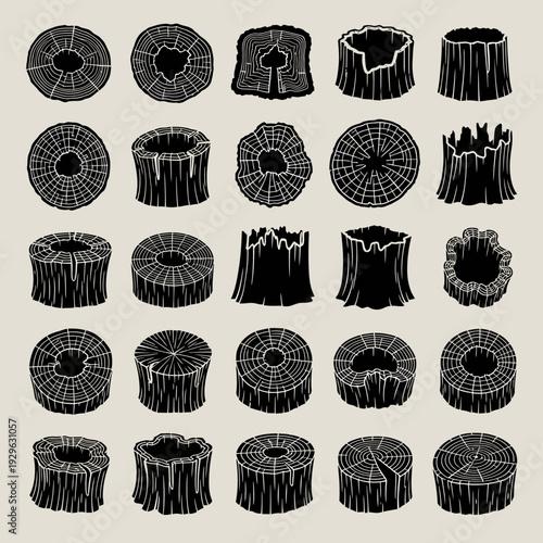 Set of 25 Tree Stump and Log Cross Section Icons Vector