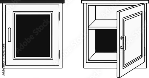 A line art image displays two cabinets. One is closed with a black front panel, the other open