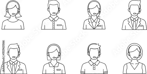 Customer Service Avatar Icon Set Support Agent Call Center Operator Outline Vector Collection