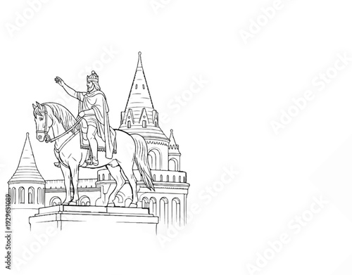 Sketch of a king on horseback before ornate towers and battlements