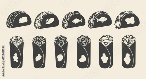 Set of 10 Mexican food tacos and burritos vector icons