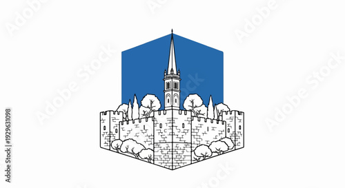 Ornate tower with pointed spire behind ancient stone walls