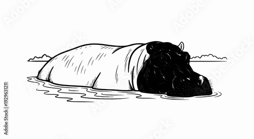 A monochrome drawing of a partially submerged hippopotamus in calm water with distant clouds