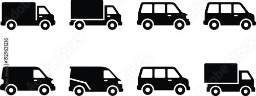 Delivery van truck silhouette set, cargo transport vehicle vector collection isolated black logistics shipping icon design bundle