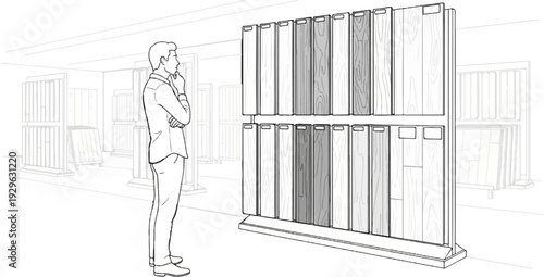 A person contemplates material samples in a showroom