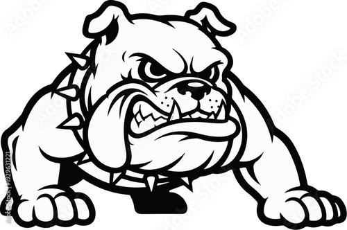 Fierce bulldog illustration with spiky collar, bared teeth, and furrowed brow