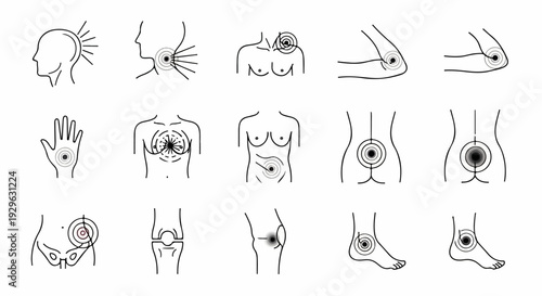 Medical icons depicting pain points in the head, neck, chest, and limbs