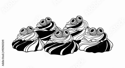 A black and white line drawing of a cluster of five meringues topped with raspberries