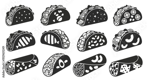 Set of 12 Black and White Taco and Burrito Icons Vector