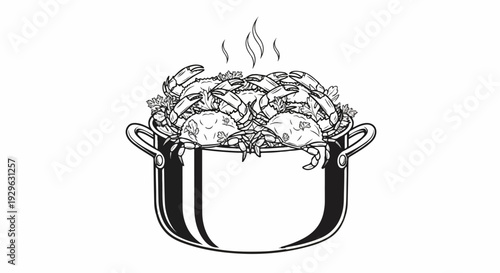 Steaming pot overflowing with cooked crabs and herbs