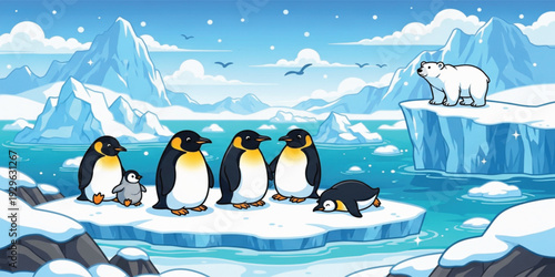Cute Penguin Family with Polar Bear on Arctic Ice Landscape Cartoon Wildlife Scene in Frozen Ocean with Icebergs for Kids Vector Illustration