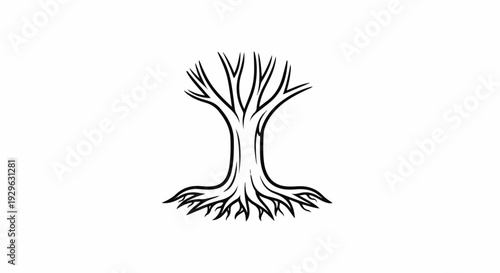 A stylized, bare tree with prominent roots and branches, rendered in black outline