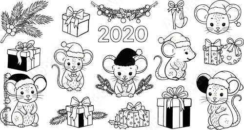 Adorable mice in Santa hats surround holiday gifts and festive foliage