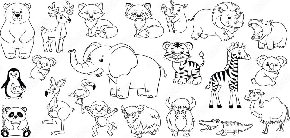 Obraz premium Cute Safari and Wild Animals Coloring Page Collection for Kids Outline Cartoon Animal Set