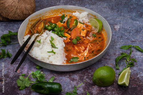 A vibrant vegan Thai red curry featuring tender tofu and green bell peppers served over fluffy jasmine rice and garnished with fresh cilantro leaves and lime slices.