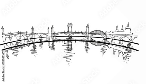 Stylized sketch of a long bridge with arched spans and reflective water below