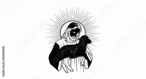Stylized religious illustration depicts a figure with a radiant halo holding a lamb