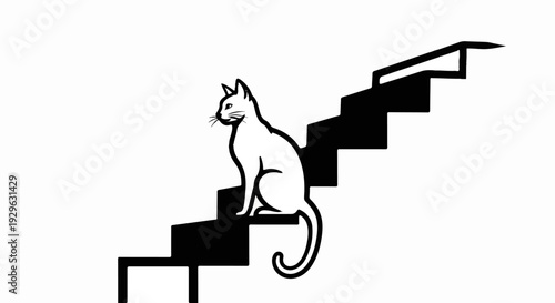 A black and white illustration of a white cat sitting on dark stairs
