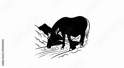 Black horse drinks from a stream in a minimalist linocut style