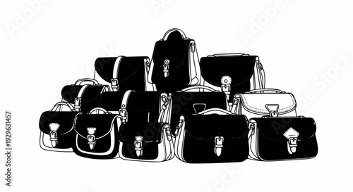A variety of satchel-style bags are stacked and arranged