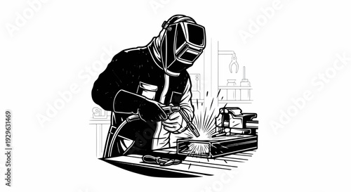 A person in protective gear welds metal pieces in a workshop with tools