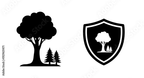 Tree Silhouette and Shield Emblem Design.