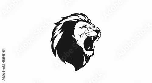 A fierce lion's head with an open mouth and bared teeth, depicted in a stark black and white illustration