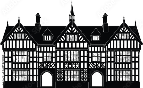 Traditional Tudor style house facade with timber framing, detailed black silhouette vector illustration, historic European architecture building design