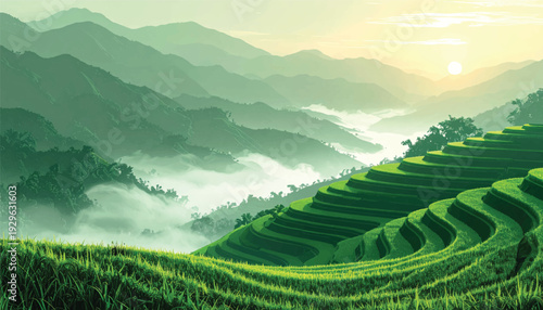 Radiant agricultural layers carved into hillside. Productive green tiers wrapped in gentle vapor. Fertile countryside artwork with luminous backdrop