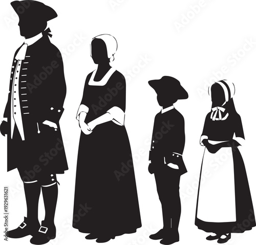Colonial family silhouette standing together in period dress line art vector illustration