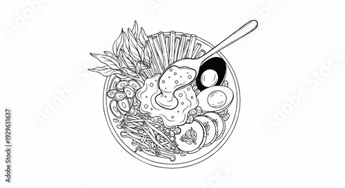 A close-up, top-down line drawing of a steaming bowl of noodles with toppings and a spoon