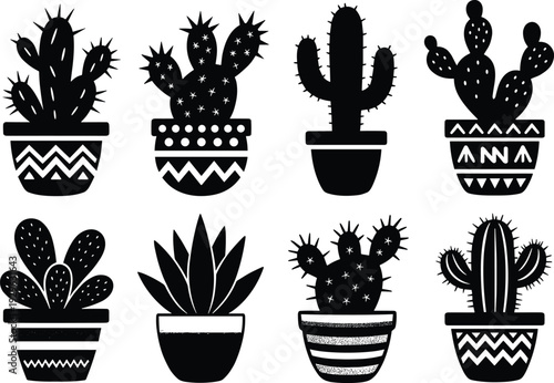 Set of black silhouette icons featuring various potted cactus plants and desert succulents in decorative pots for home garden and decor.