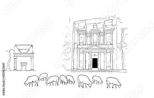 Ancient rock-cut structures with grazing sheep in a desert landscape