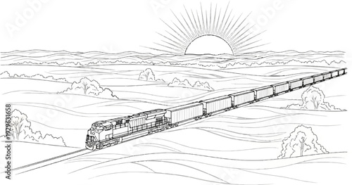 Train travels through rolling hills at sunrise