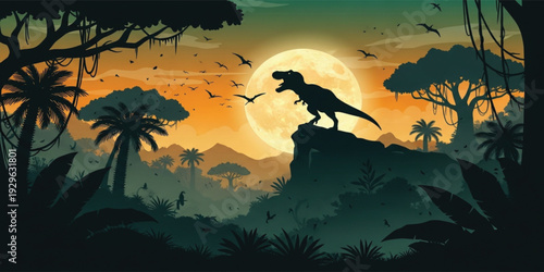 Dinosaur Silhouette on Cliff with Full Moon in Prehistoric Jungle Landscape Dramatic Night Scene Fantasy Vector Illustration