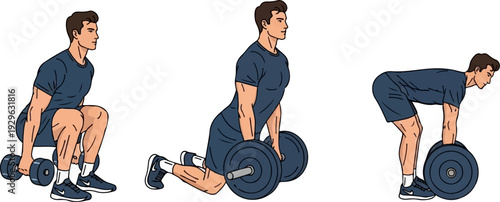 Muscular man demonstrates three weightlifting exercises squat with dumbbells, bent press with barbell, and deadlift