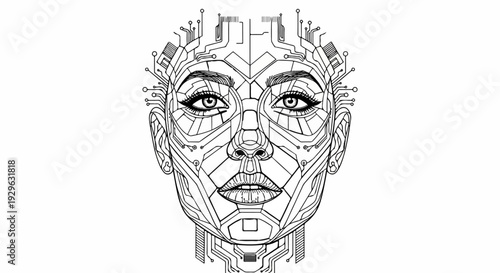 Futuristic cyborg face with circuit board integration