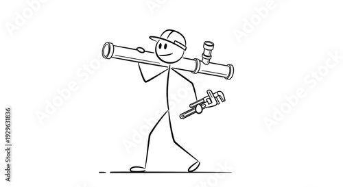 Plumber or Construction Worker Carrying Pipe and Wrench, Isolated White Background