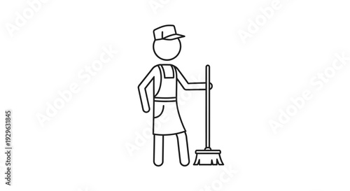 Stick Figure Cleaner Woman Sweeping with a Broom and Wearing an Apron, Isolated White Background