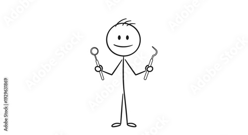 Happy Stick Figure Dentist Holding Dental Tools with a Friendly Smile, Isolated White Background