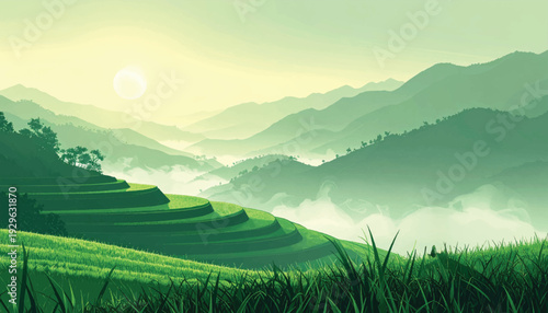 Curved paddy architecture embracing quiet landscape. Sustainable farming concept within emerald scenery. Rural development backdrop with layered geometry