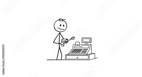 Stick Figure Cashier Operating a Cash Register and Working, Isolated White Background